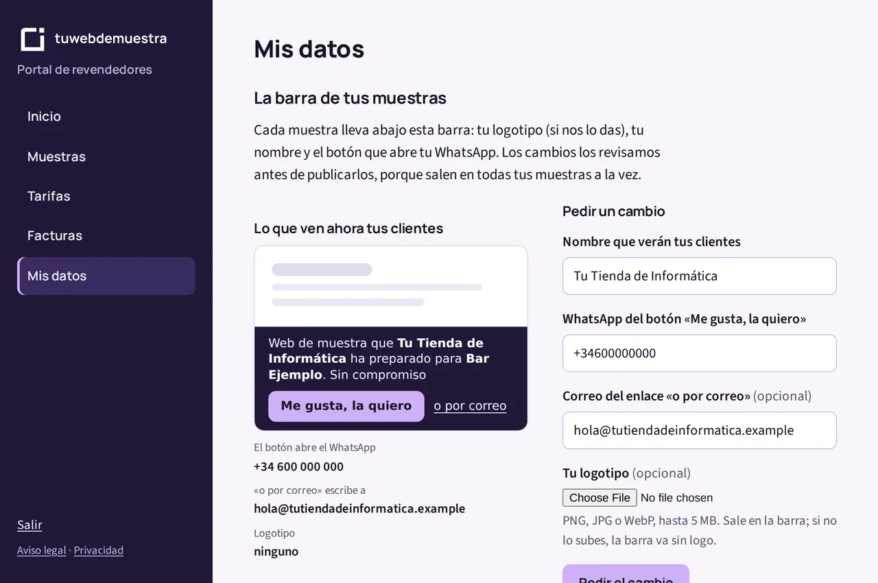 Mis datos: la barra que ven los clientes en las muestras, con el nombre y el WhatsApp del revendedor
