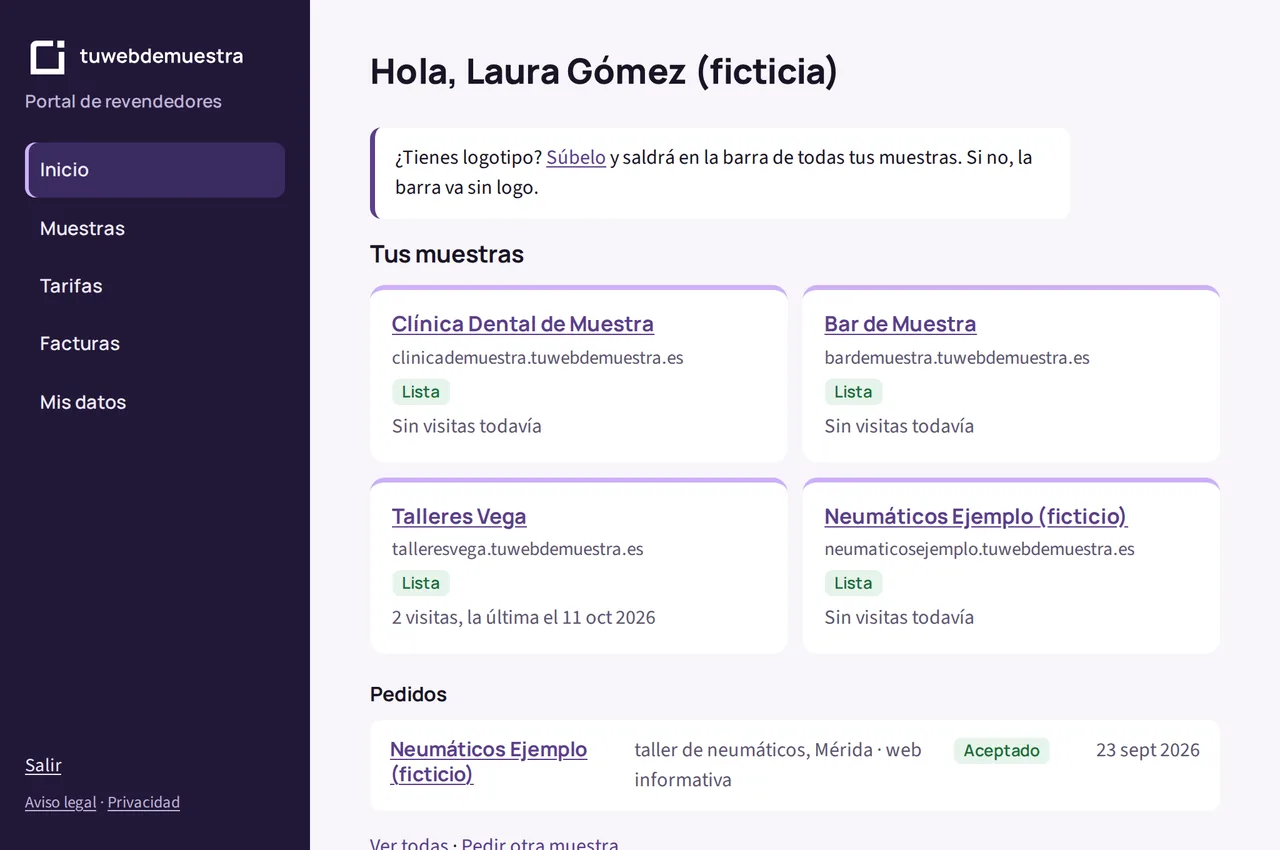 Inicio del portal: las muestras del revendedor con su estado y sus visitas, y sus pedidos