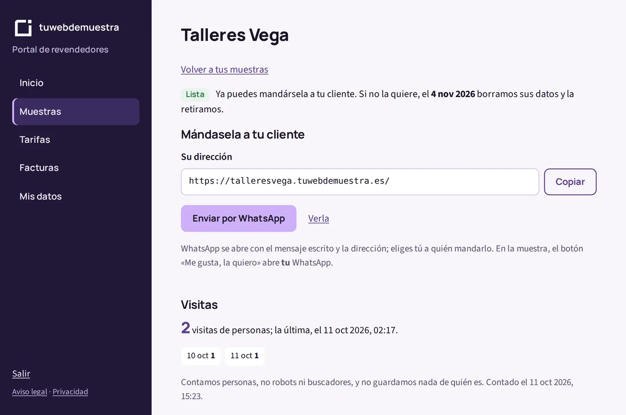 Ficha de una muestra: su dirección para copiarla o mandarla por WhatsApp, y sus visitas