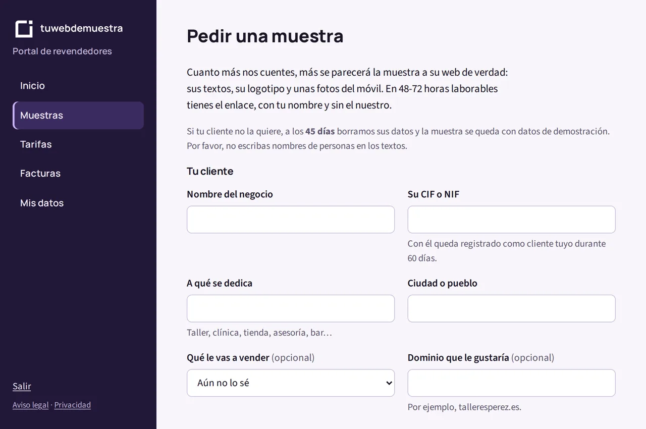 Formulario para pedir una muestra: nombre del negocio, CIF, a qué se dedica y ciudad